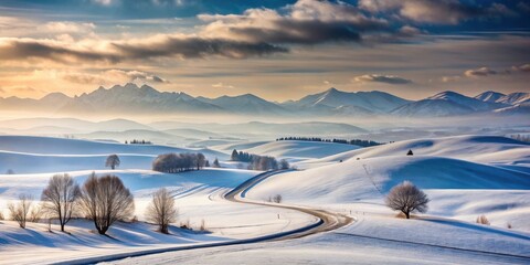 Serene Winter Landscape Winding Road Through Snow-Covered Hills and Majestic Mountains at Sunrise