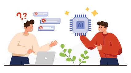 Two people discuss AI solutions for troubleshooting computer issues, highlighting artificial intelligence adoption and problem solving in technology, isolated on white background vector illustration