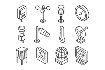 Isometric weather instruments outline icons collection.