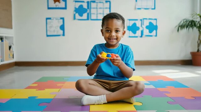 Young boy sitting cross-legged on colorful play mat smiling and holding toy blocks.