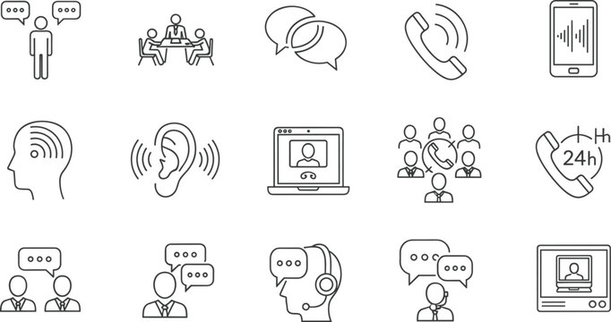 Customer Support and Global Communication Technology Line Icons Set, Including Help Desk, Teleconference, Video Call, Listening Skills, and 24-Hour Online Contact Concepts