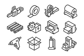 Industrial packaging line icons set - tape, pallet, gear, machine, box, wrap, gun.