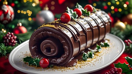 A traditional Yule log roll cake, adorned with rich, velvety chocolate ganache, placed on a vibrant Christmas decorated background