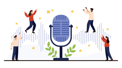 Large blue microphone with audio waves, people celebrating around, symbolizing podcasting, broadcasting, and audio content creation, isolated on white background vector illustration