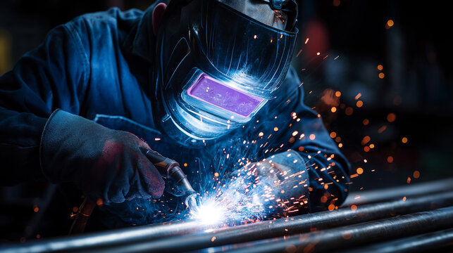 Plumber welding metal pipes with protective safety gear in a workshop, sparks and professional tools