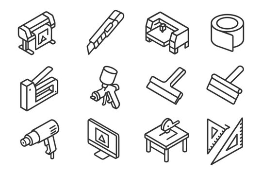 Isometric icons of industrial tools and equipment for design.