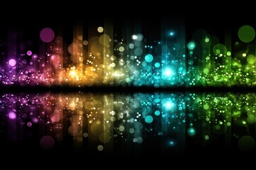 Vibrant abstract illustration featuring colorful bokeh lights and reflections on a dark background, creating a dynamic visual experience that evokes a sense of celebration and creativity in design