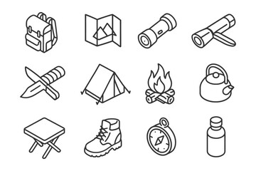 Fototapeta premium Outdoor adventure essentials: camping gear and wilderness tools line icons.
