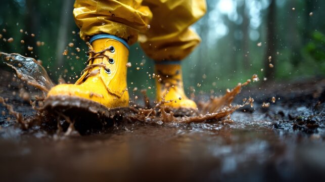 A close-up view of yellow rain boots splashing through muddy water, capturing the joy of outdoor play and immersion in nature's elements. Perfect for childlike fun representations.