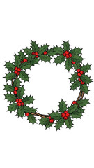 A circular wreath made of green holly leaves and red berries, symbolizing Christmas and winter holidays.