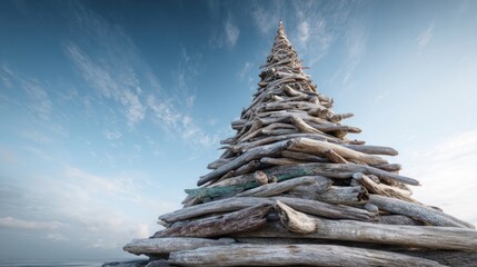 Christmas tree made from driftwood pieces arranged in coastal style,