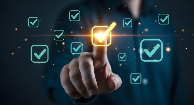 Man tapping glowing check mark on virtual screen with approval