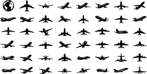 Large Collection of Airplane and Aircraft Silhouette Icons Set, Diverse Commercial and Private Jet Vector Symbols for Travel, Aviation, Logistics, and Global Transportation.