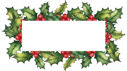 A rectangular frame of vibrant green holly leaves and bright red berries, perfect for a festive holiday greeting or seasonal decoration.