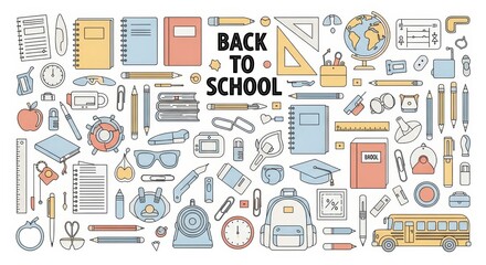 Back to School themed vector illustration with colorful school supplies and design elements. Education concept graphic design over a white background.