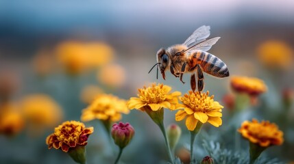 A close-up shot of a bee hovering over vibrant, yellow marigold flowers captures the essence of nature's beauty and the crucial role of pollination in our ecosystem.
