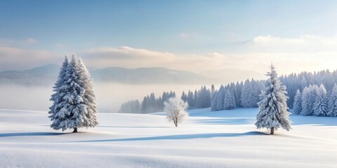 Fototapeta premium Serene Winter Landscape Snow-Covered Trees and Rolling Hills Under a Clear Sky