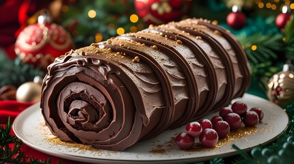 A traditional Yule log roll cake, adorned with rich, velvety chocolate ganache, placed on a vibrant Christmas decorated background