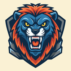 Fototapeta premium Aggressive blue wolf head mascot with snarling expression and sharp teeth, depicted in a bold graphic style.