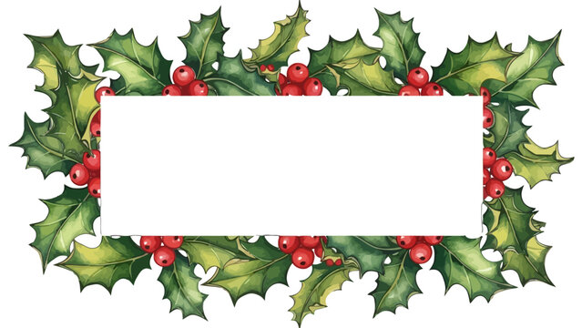 A rectangular frame of vibrant green holly leaves and bright red berries, perfect for a festive holiday greeting or seasonal decoration.