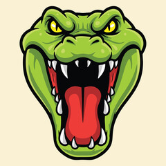 A fierce green cartoon alligator or crocodile head with its mouth wide open, showing sharp teeth and a red tongue, against a light background.