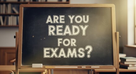 Exam-themed blackboard in a classroom setting, poses a question about exam readiness in a bright room. A student studying in school, asking about exam readiness at school.