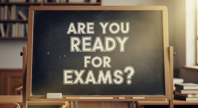 Exam-themed blackboard in a classroom setting, poses a question about exam readiness in a bright room. A student studying in school, asking about exam readiness at school. - Powered by Adobe