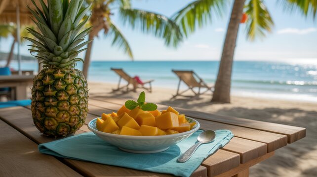 Fresh tropical fruit salad and pineapple on a wooden table with a beach and ocean background
