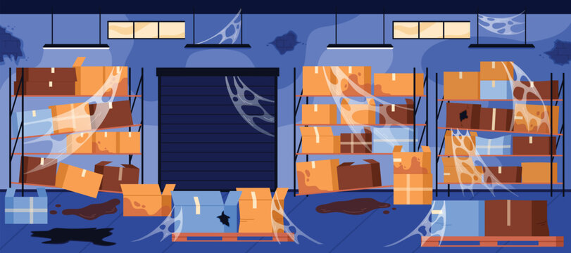 Abandoned warehouse building interior for factory box storage, storehouse hangar with dirt and cobwebs. Stockroom racks with broken and open cardboard parcels on shelves and pallets to delivery