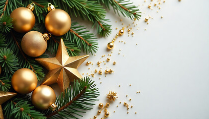 Golden Christmas Ornaments and Star Amidst Evergreen Branches, Creating a Festive Holiday Background
