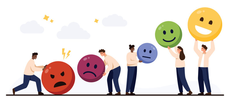 Group of people displaying various mood faces, from angry to happy, representing feedback, emotions, and mood changes, isolated on white background vector illustration