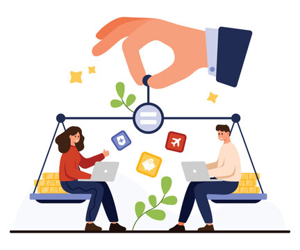 Businessman and businesswoman sitting on balanced scales with laptops, equality symbol above, icons for finance, travel, healthcare, teamwork, promoting gender equality at work vector illustration