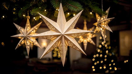 Hanging Christmas paper star-shaped decorations with warm glowing lights for seasonal decor. Majestic Christmas atmosphere