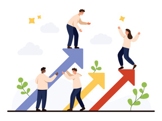 People collaborating and supporting each other while climbing colorful upward arrows representing business growth, development, success, and teamwork isolated on white background vector illustration