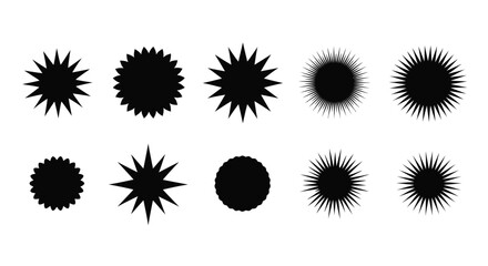Collection of abstract starburst and sunburst shapes in black on white background