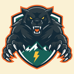 Obraz premium A fierce black bear mascot with glowing yellow eyes and sharp claws, roaring over a shield featuring snowy mountains and a lightning bolt.