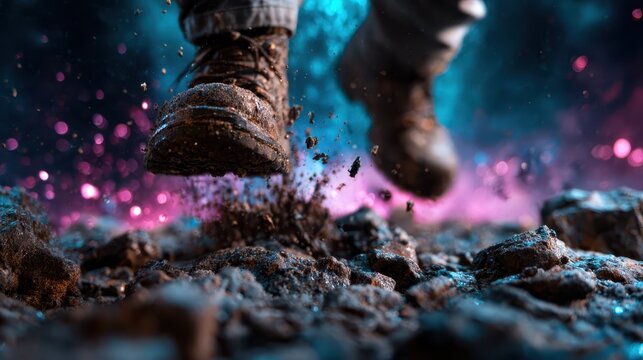 A close-up shot of a hiker's boot stepping on muddy terrain, capturing the essence of adventure and exploration in a vivid, high-contrast environment.