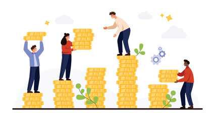 Business people stacking gold coins to represent teamwork, financial success, and investment growth, with plants and gears symbolizing progress, isolated on white background vector illustration