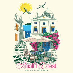 Amalfi Italian coast vector illustration t-shirt print, European summer vacation graphic art, summer island vector art, Vintage hand drawn sketch of Amalfi Coast Italy, Summer vacation t-shirt print, © MdAlImran