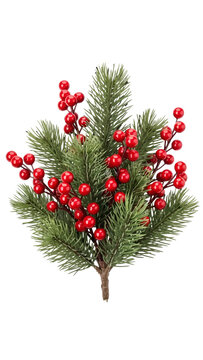 A festive artificial pine branch adorned with numerous bright red berries, perfect for holiday decorations.
