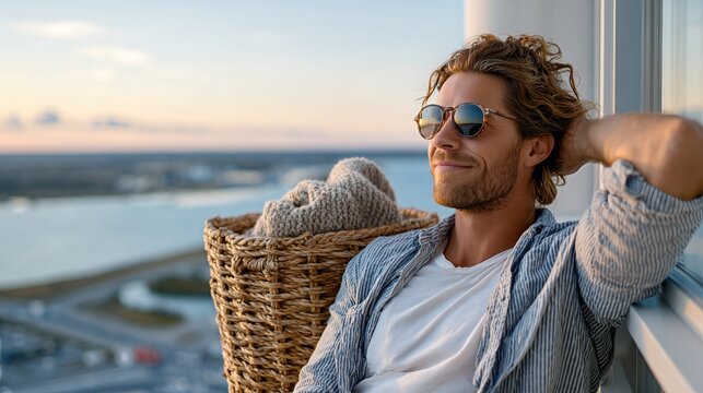A charming scene of a man lounging on a balcony during sunset, exuding a sense of peace and contentment, perfect for showcasing relaxation and modern living.