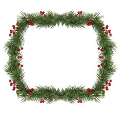 Christmas wreath frame decoration with fir branches, pine cones, and holly isolated on a white background for a winter holiday card design