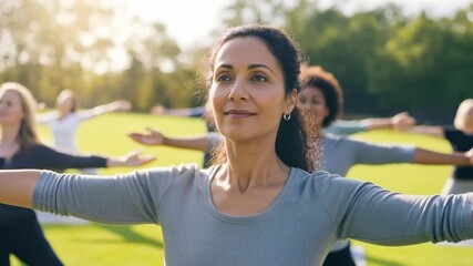 Wellness retreat in the park brings together women for group yoga session during sunset