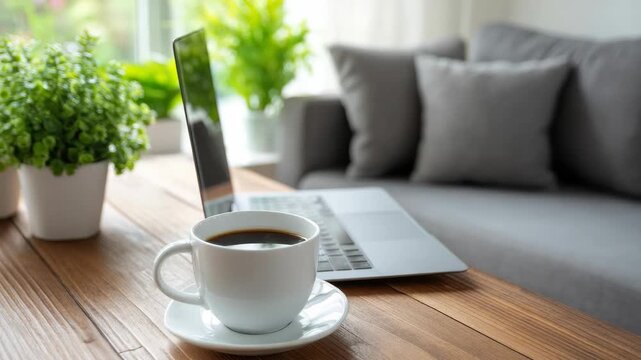 Coffee Cup and Laptop on Wooden Table with Gray Couch and Potted Plant Near Window with Natural Lighting Cozy Home Office Concept Digital Nomad Lifestyle