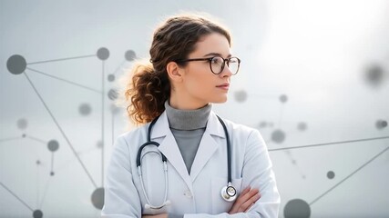 Confident female doctor in a lab coat with a stethoscope, standing against a futuristic tech background, symbolizing innovation in healthcare and medical science - Powered by Adobe