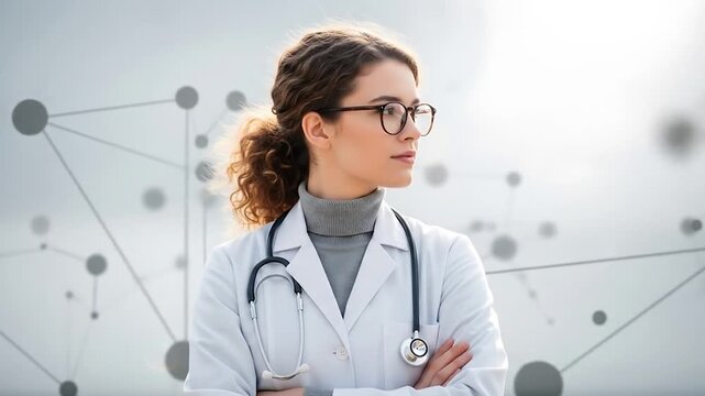 Confident female doctor in a lab coat with a stethoscope, standing against a futuristic tech background, symbolizing innovation in healthcare and medical science - Powered by Adobe