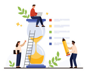 People organizing tasks with checklist and hourglass, representing time management, productivity, and effective planning, isolated on white background vector illustration