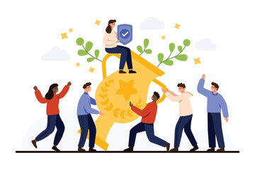 Group of people celebrating success with a large golden trophy, symbolizing achievement, teamwork, and victory, isolated on white background vector illustration
