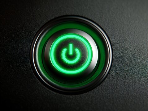 Close up glowing green power button on a black textured surface. Concept for energy, technology and innovation - Powered by Adobe