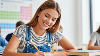 Young student focused on studying and writing in a classroom during the day, enjoying learning and completing assignments